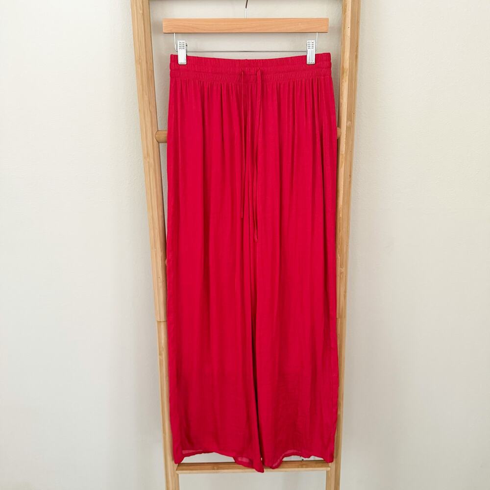 Joie Small Pink Red Satin Wide Leg Pull On Flowy Pants Drawstring Palazzo